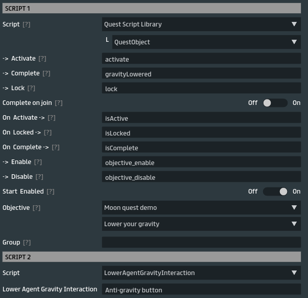 Lower gravity objective script settings