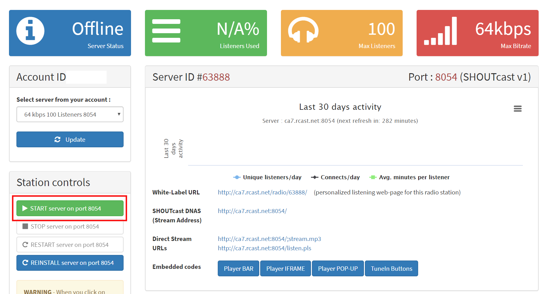 rcast control panel start server